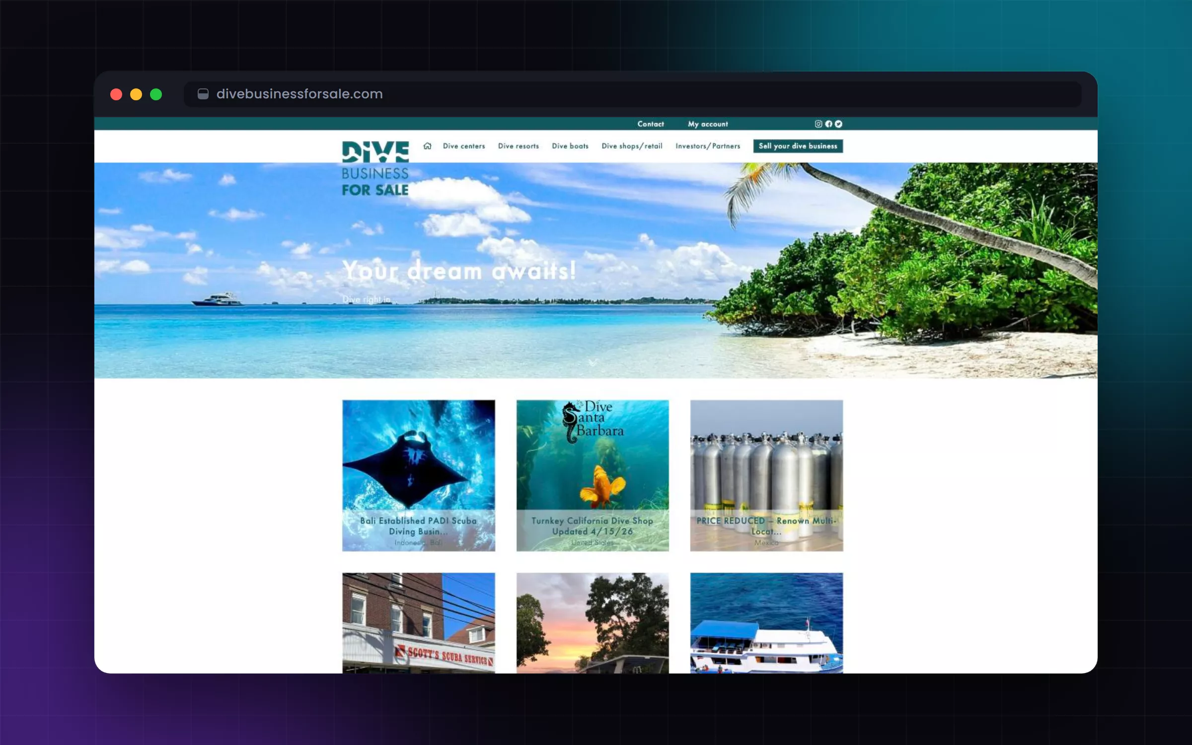 Screenshot van marktplaats voor duikbedrijven wereldwijd (Dive Business For Sale)